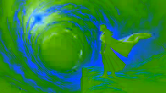 Mairéad faces a swirling void of darkness during the Trial of Courage, with her cloak flowing in a mystical landscape.