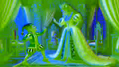 La reina confronta a Rumpelstiltskin, de pie con confianza mientras sostiene a su bebé, y él golpea el suelo con rabia al darse cuenta de que ella adivinó su nombre.