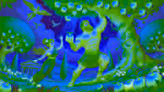 Hercules holding up the sky while Atlas picks the golden apples in a lush garden with mythical elements.