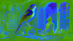 Ein leuchtender Vogel sitzt auf der Fensterbank eines Goldschmieds und singt, während der Goldschmied vor Staunen aufblickt.