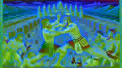 Una feroz batalla entre Gilgamesh y Enkidu en la ciudad de Uruk, donde ambos personajes se enfrentan con fuerza equivalente. La ciudad se muestra con sus imponentes murallas y los espectadores, atónitos, observan la escena. Los colores vívidos y las texturas realistas añaden un toque de dinamismo a este encuentro épico.