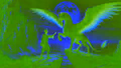 Tomas cautiously approaching the Hippogriff on a rugged, moonlit cliff near the sea.