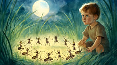 Un niño observa cómo un Abatwa baila a la luz de la luna entre la hierba alta, acompañado de jinetes con cuernos.