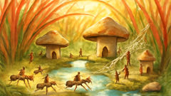 Aldea Abatwa bajo la hierba roja, con chozas en forma de sombrero de hongo y guardianes hormiga.