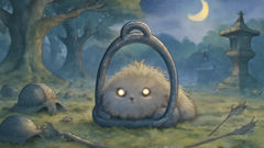 A crescent-shaped stirrup transforms into a furry Abumi-guchi spirit at night under a cedar tree.