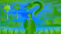 Liang se encuentra en un pueblo revitalizado al atardecer, luciendo un medallón de jade, con campos exuberantes que se extienden hasta el horizonte.