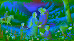 Rapunzel y el príncipe se reunieron en un valle exuberante con sus hijos gemelos, rodeados de flores silvestres.