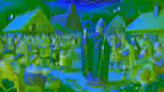 San Patricio sostiene un trébol, explicando la Trinidad a los curiosos aldeanos en un pueblo irlandés rodeado de vegetación.
