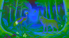 Un loup et une grue se tiennent côte à côte dans une forêt.