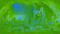 Polyphemus, the Cyclops, tends to his sheep in his dimly lit cave, while Odysseus and his men hide at the entrance.