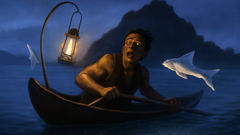 O pescador Tama foi atingido por um peixe-voador na lagoa durante a noite.