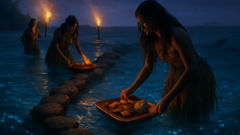 Ofertas rituais a Adaro na beira do recife ao pôr do sol.