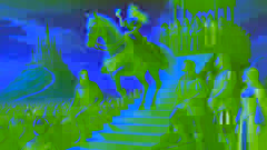Botas montando un caballo moteado en la colina de cristal, con sus hermanos y una multitud mirando en incredulidad.
