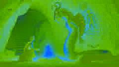 Echidna and Typhon meet in a dimly lit cave, sharing an intense gaze in ancient Greece.