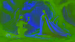 El caballero Lancelot se arrodilla ante la Dama del Lago en un bosque místico, iluminado por un suave resplandor.