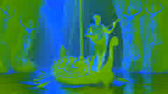 Orpheus plays his lyre aboard the Argonauts’ ship, countering the Sirens' song as the crew rows past the isles.