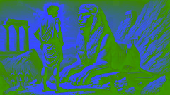 Oedipus stands before the Sphinx, preparing to answer the riddle on a rocky hill near Thebes.