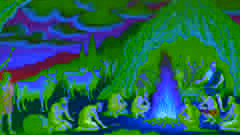 Odysseus’s men roast the sacred cattle of Helios while dark storm clouds gather in the sky, and Odysseus looks on in shock.