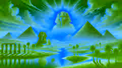 Ra contempla las pirámides de Giza y el Nilo al atardecer, vigilando la tierra que él creó.