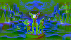 Rudolph, Hermey et Yukon naviguent sur un radeau glissant en direction de l'Île des Jouets Mafieux, à travers un océan scintillant.