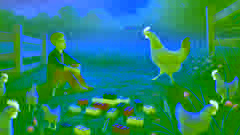 Taylor se sienta en la hierba mientras un pollo se acerca, brindando consuelo.