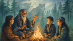 Ainu storyteller and children around fire with mountain spirits in misty forest background