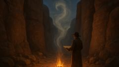 A young guide bargains with a wind spirit in a narrow rock pass, promising salt and humility.