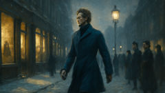 A proud clerk strolls Nevsky Prospekt in a new blue overcoat as snow falls and city lights glow.