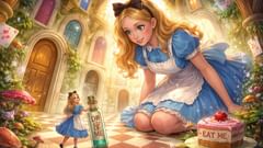 'DRINK ME' made her shrink; 'EAT ME' made her grow—Wonderland's first lesson in unpredictability.