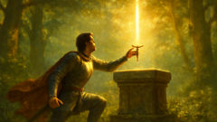 Amadis defeats Brontán the giant and claims a glowing sword in an enchanted forest glade