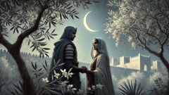 Keret and Hurraya meet in an olive grove under moonlight in Udum.