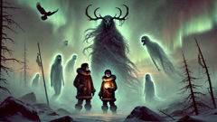 Shifting Ijiraq forms among Arctic fog as siblings confront them.