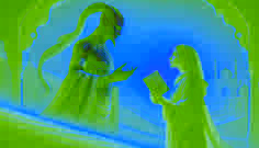 Amina se encuentra frente a Malik, sosteniendo un libro antiguo, mientras él se disuelve en la neblina, con el desierto bañado en la luz dorada del amanecer.