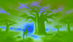 Uma antiga árvore de baobá ao crepúsculo, com Ndemi, a girafa, se curvando diante dela, em busca de sabedoria do Espírito do Baobá.