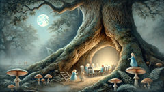 Tylwyth Teg court in a hollow oak under moonlight