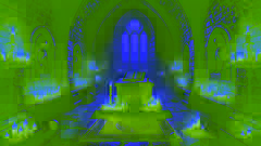 Altar de pedra antigo, escorrendo sangue, sob a lua em uma cripta.