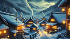 A vila de Kamimura coberta de neve, lanternas brilhando no início da noite, cercada por montanhas.