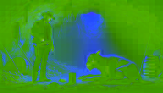 Jake coloca comida dentro de uma caverna para um Chupacabra ferido, demonstrando compaixão em um ambiente iluminado suavemente que cria uma cena emocional.