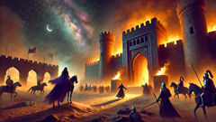 The knights free Nestan-Darejan from a fortress tower as guards sound the alarm under starry desert skies.