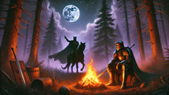 Avtandil meets Tariel by a fire under starry skies, both knights silhouetted against the flames.