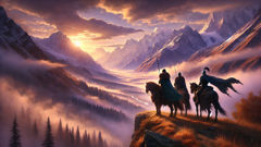 Three knights on horseback ride along a misty mountain pass with snow-capped peaks in the distance.