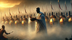 Okomfo Anokye bendiciendo a los guerreros Ashanti con agua sagrada mientras se preparan para la batalla contra Denkyira.