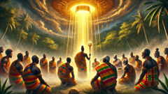 Okomfo Anokye invocando el Trono de Oro mientras rayos dorados de luz descienden del cielo y los jefes ashanti se arrodillan maravillados.