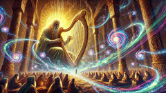 The Dagda plays his harp in a Fomorian fortress, magical music glowing in the hall.