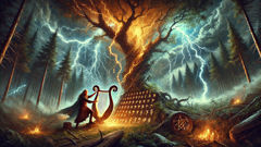 The Dagda crafting his magical harp from a lightning-struck oak, sparks and moonlight in the night.