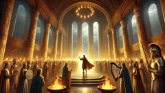 Lugh stands in Tara's great hall, demonstrating skills to the Tuatha Dé Danann court