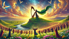 Dagda returns to Tara with his harp, crowds rejoicing as music restores Ireland’s beauty.