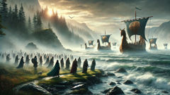 The Tuatha Dé Danann's mystical ships arrive at misty Irish shores.