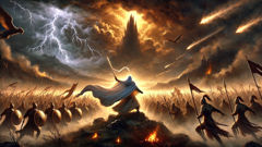 Lugh slays Balor in battle; lightning flashes as gods and monsters clash at Mag Tuired