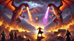 Vahagn en un ardiente combate contra tres dragones, fuego y oscuridad chocando.